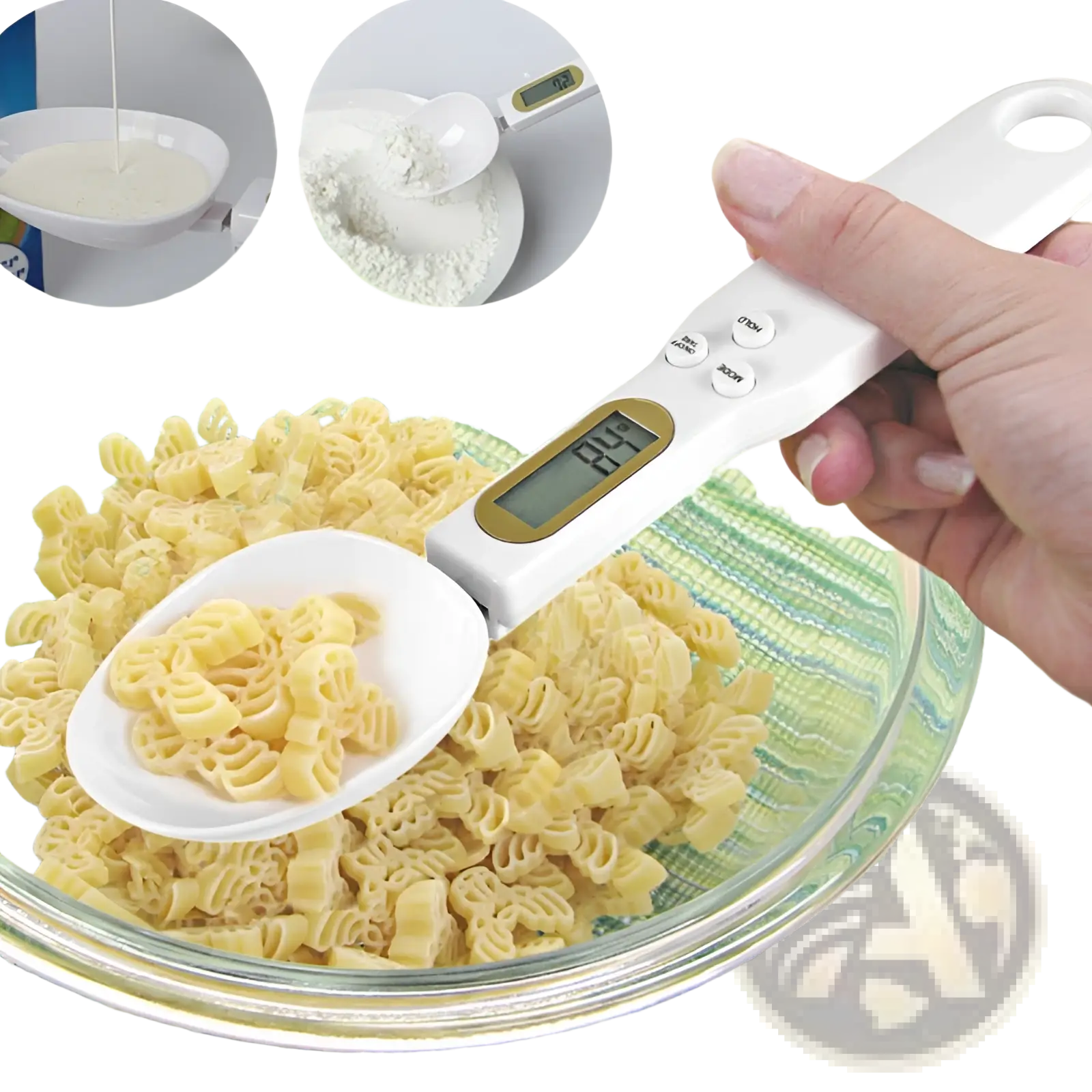 White digital spoon scale with gold-accented display and buttons holding pasta for precise kitchen measuring up to 500g