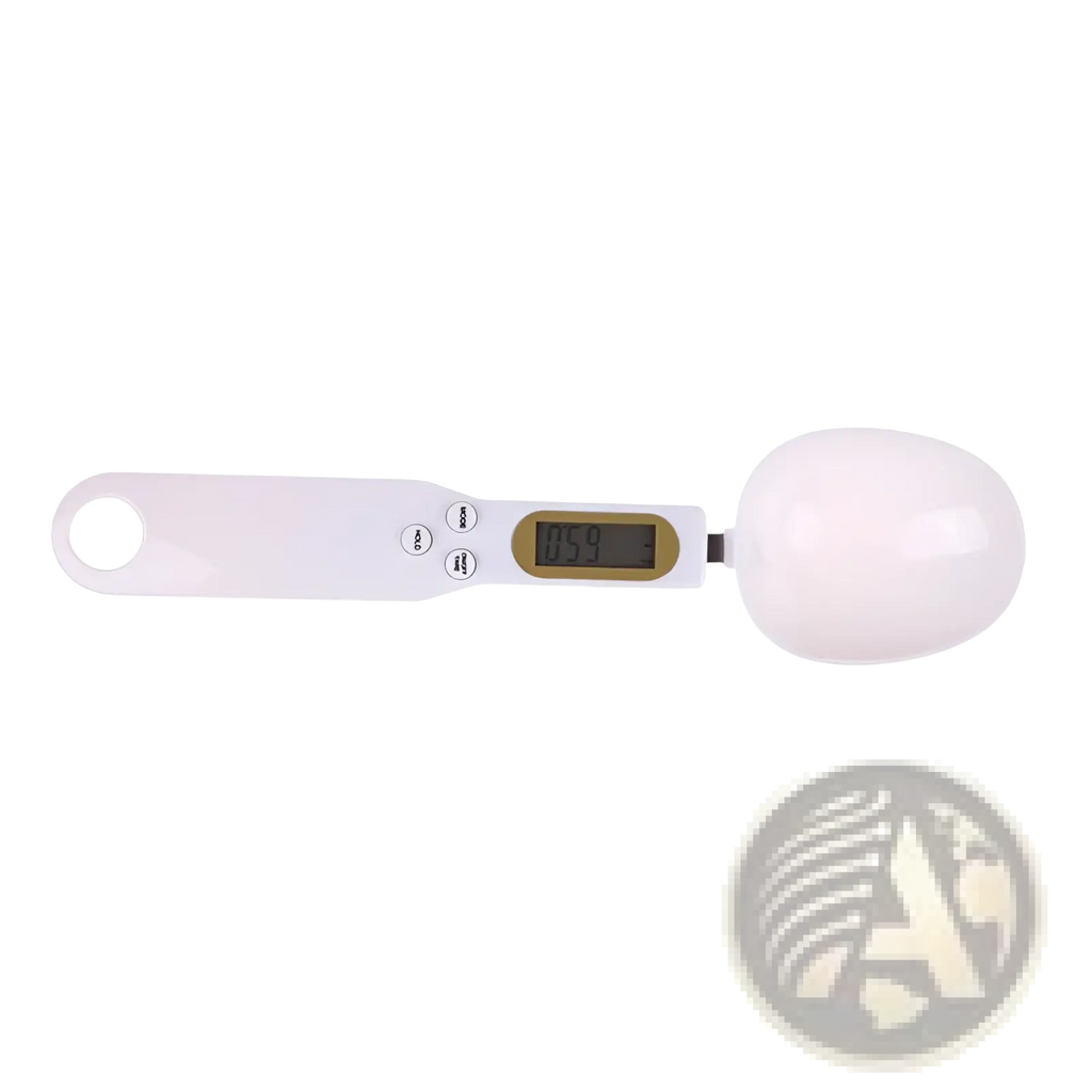 White digital spoon scale with a round glossy bowl and three buttons on handle for precise kitchen measuring up to 500g