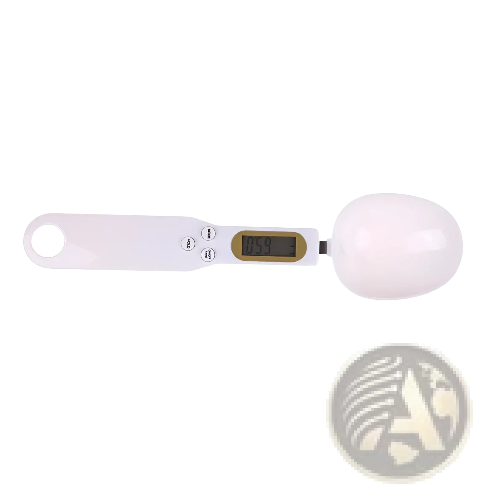 White digital spoon scale with a round glossy bowl and three buttons on handle for precise kitchen measuring up to 500g