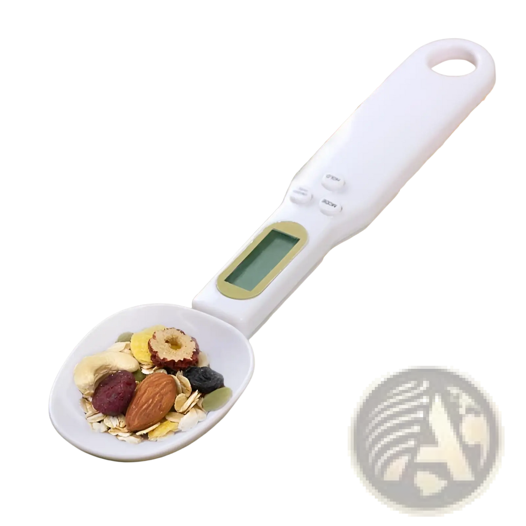 White digital measuring spoon with lcd screen and buttons filled with mixed nuts and dried fruits for kitchen use