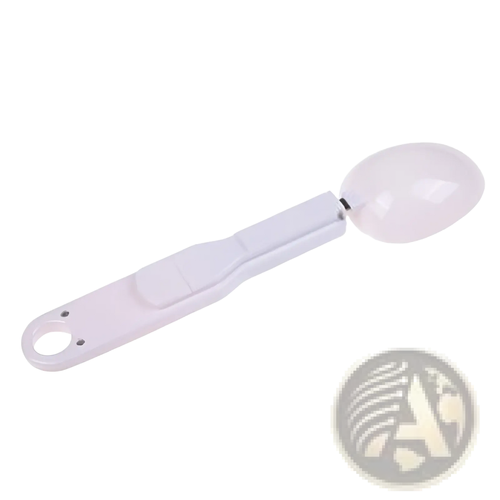 White plastic digital spoon scale with lcd display and integrated loop for hanging kitchen measuring tool 500g