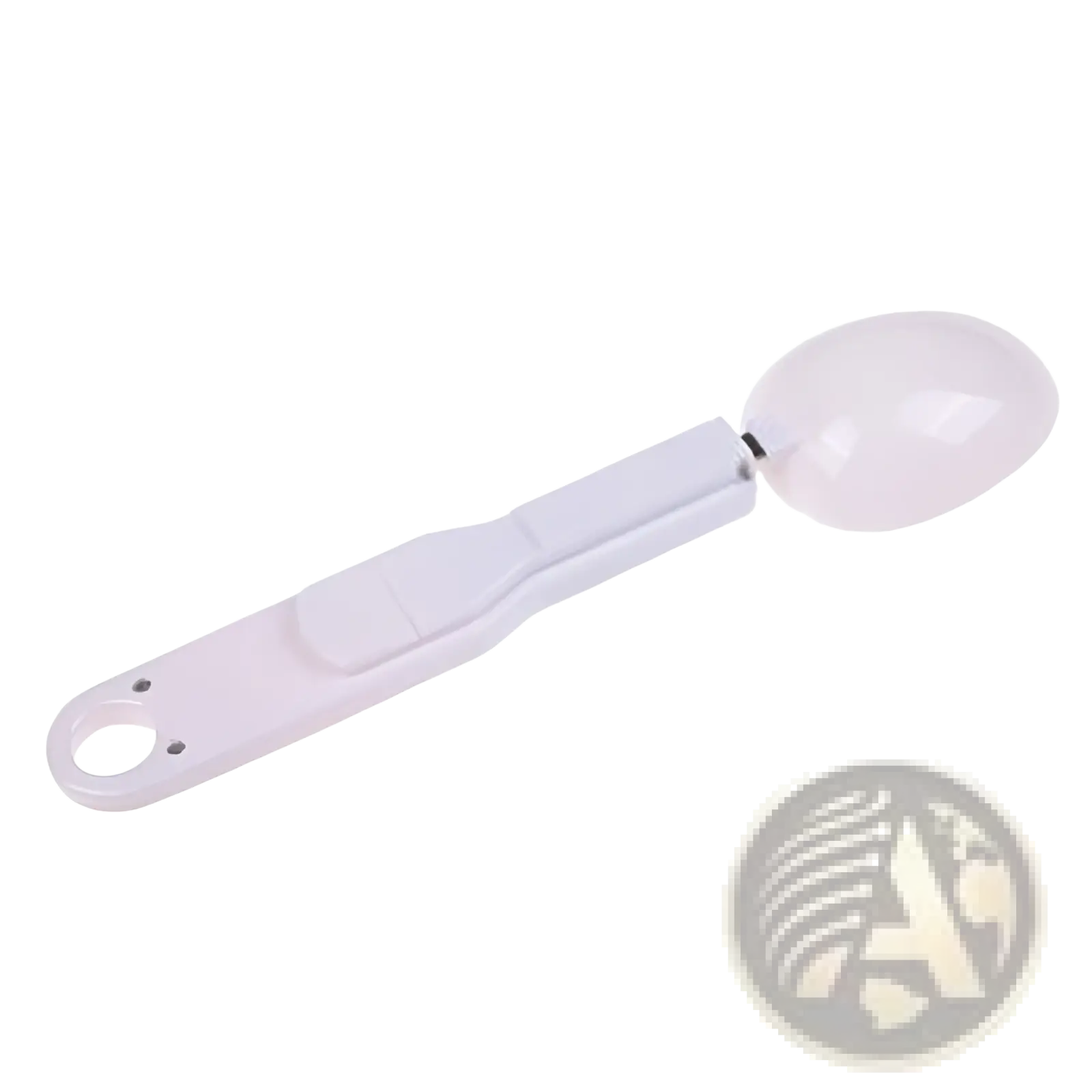 White plastic digital spoon scale with lcd display and integrated loop for hanging kitchen measuring tool 500g