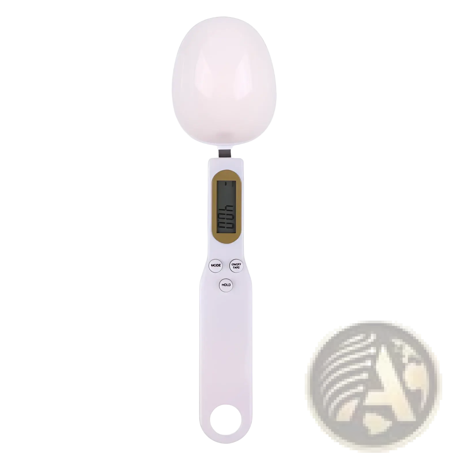 White digital spoon scale with glossy plastic scoop and lcd display for kitchen measuring up to 500g