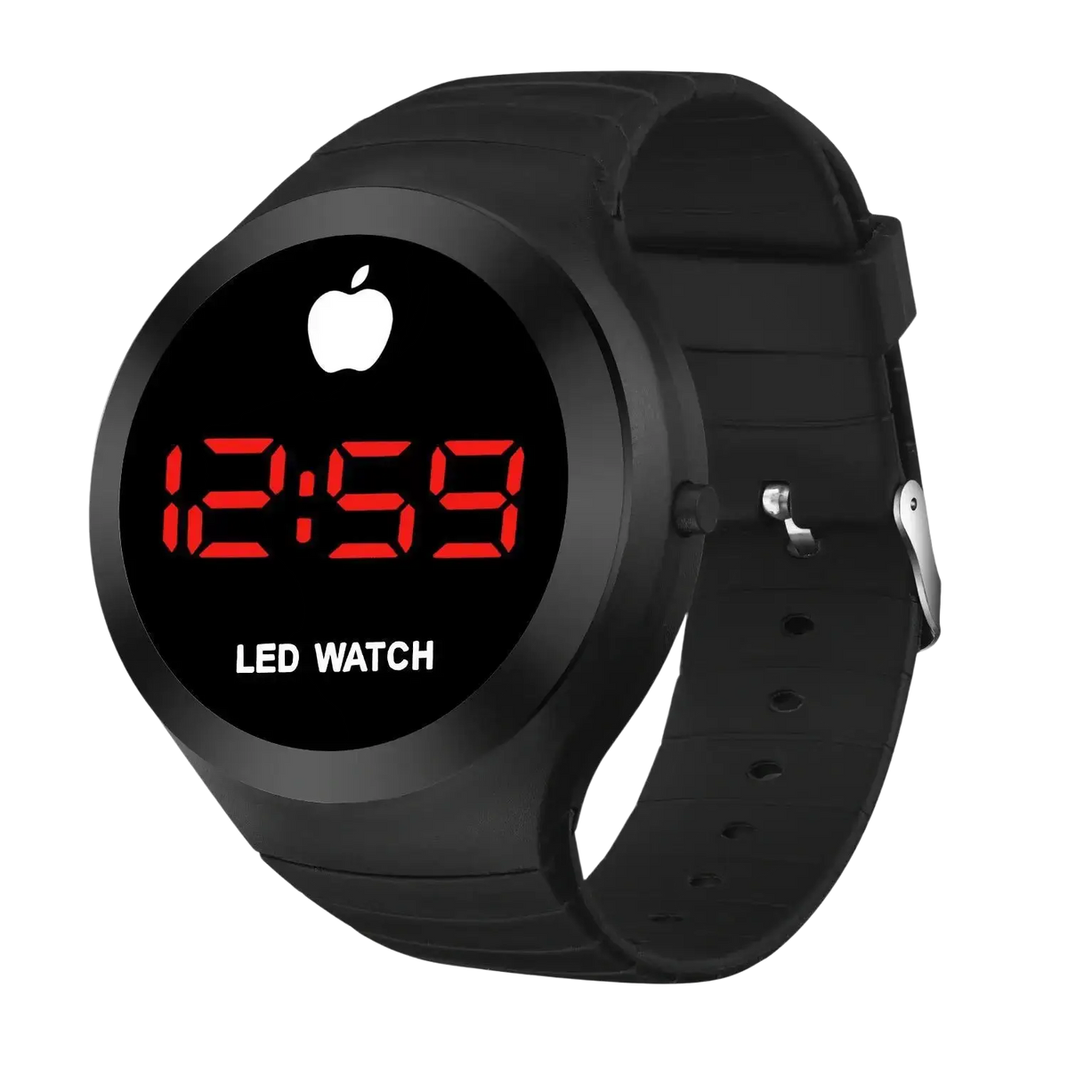 Black digital sport watch with red led display and apple logo featuring alloy band and hook buckle clasp