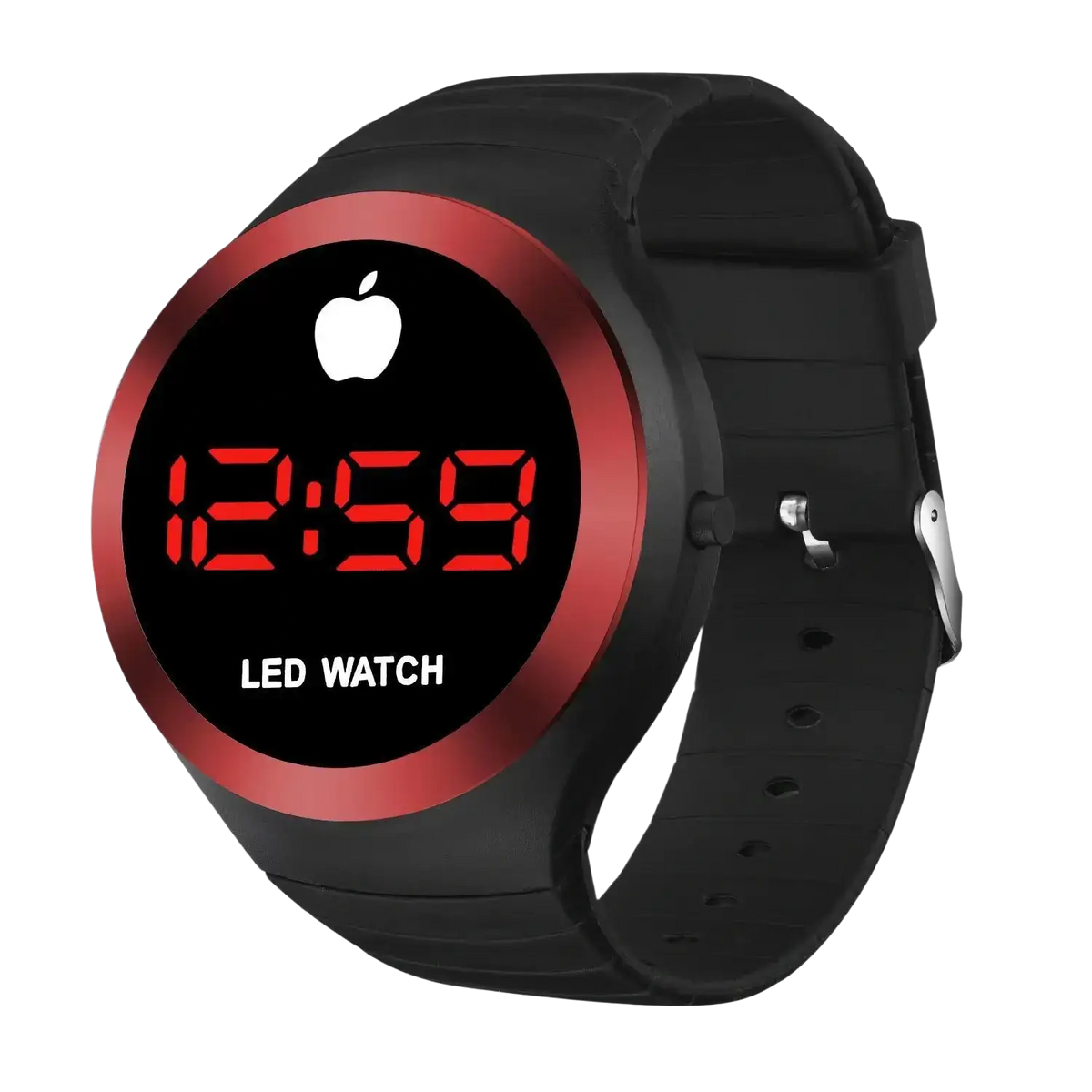 Black digital sport watch with alloy band and hook buckle clasp featuring red bezel and apple logo display