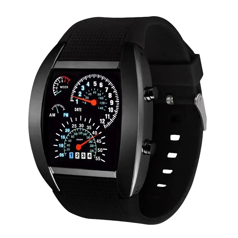 Black digital sport watch with analog dials, textured silicone band material, and secure hook buckle clasp design