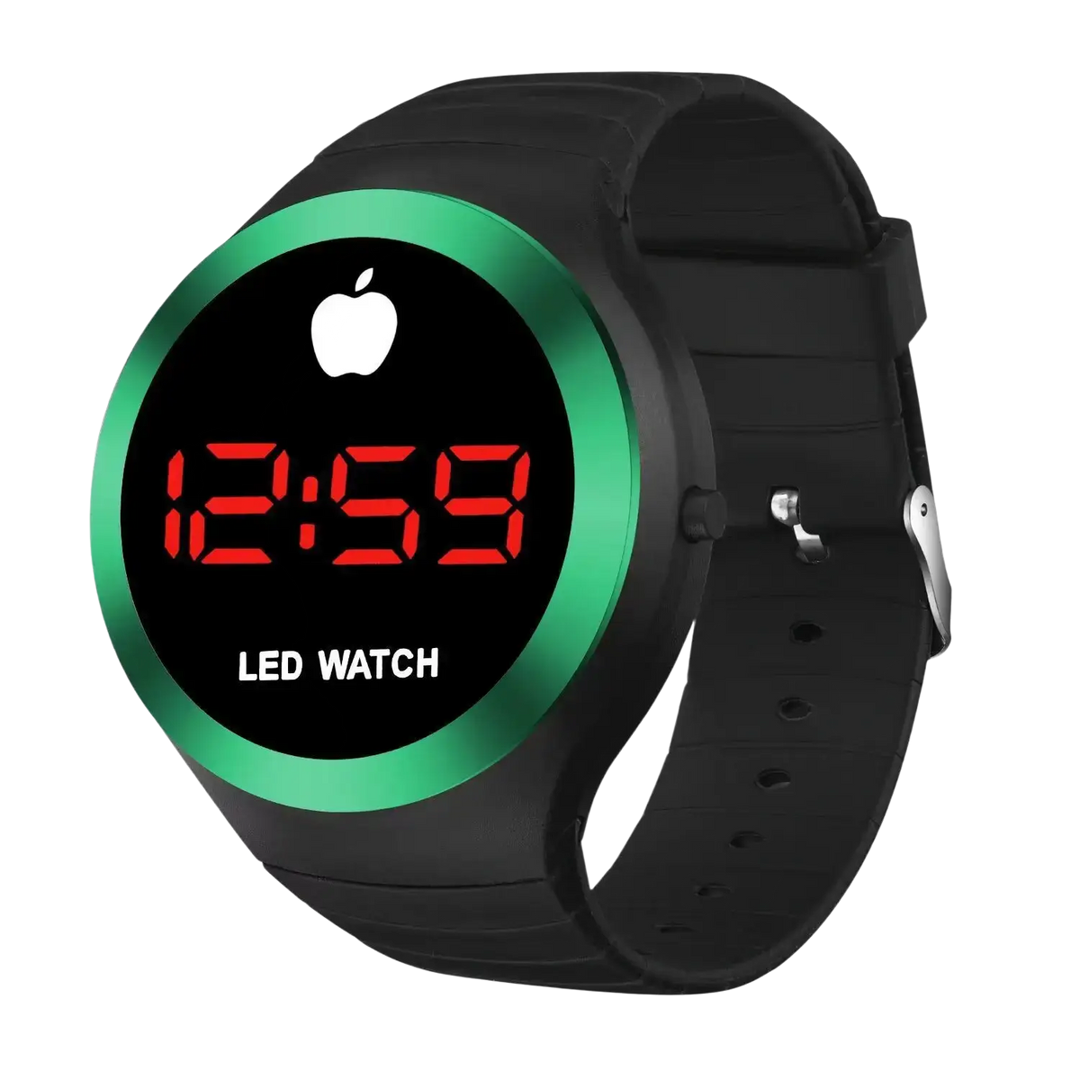 Digital sport watch with black silicone strap green-rimmed face red led numbers and a hook buckle clasp band material