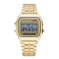 Gold-tone digital sport watch with rectangular face alloy band and hook buckle clasp for secure fit
