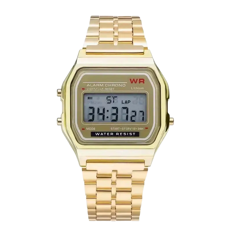 Gold-tone digital sport watch with rectangular face alloy band and hook buckle clasp for secure fit