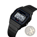 Black digital sport watch with rectangular silicone case and strap featuring blue accents and waterproof LED display