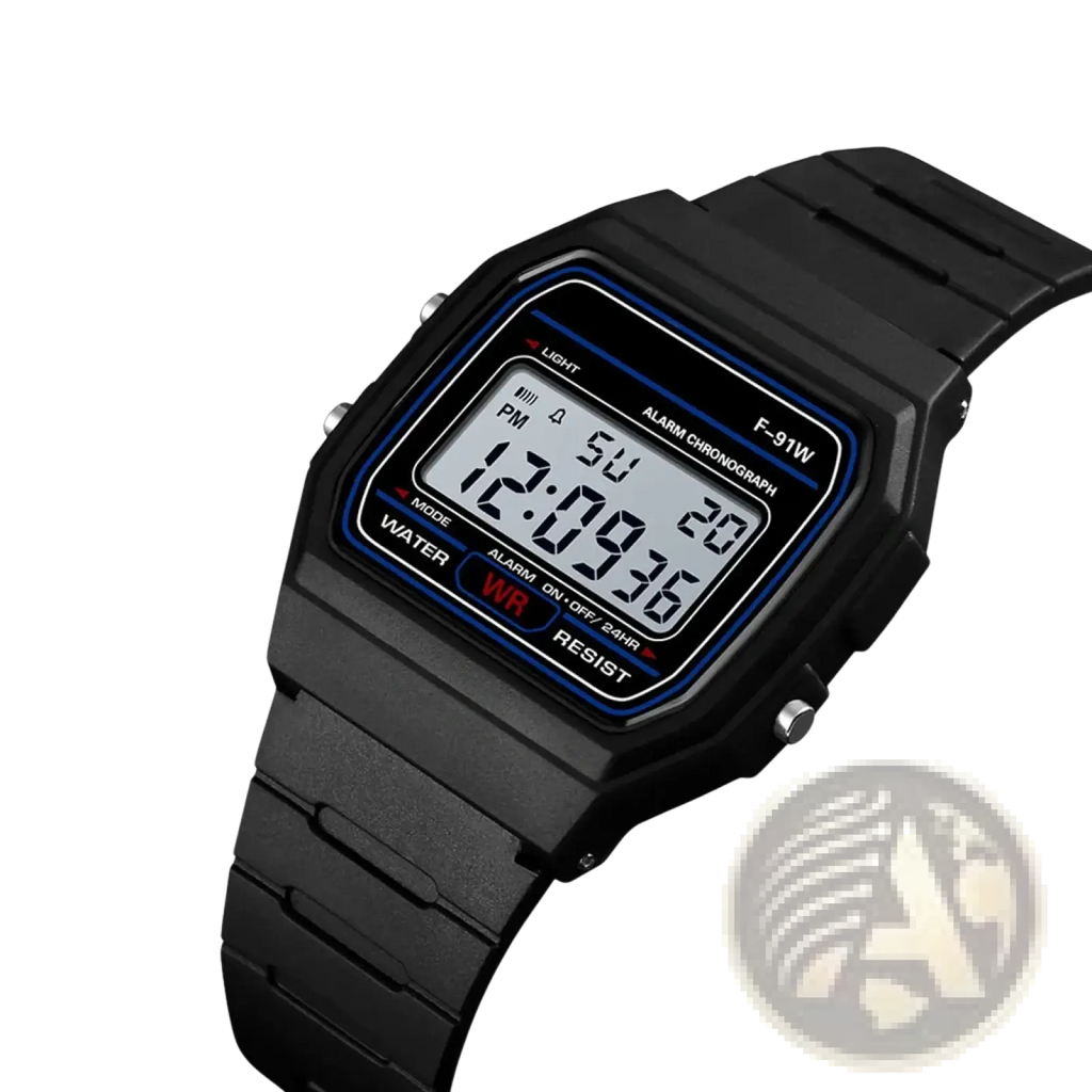 Black digital sport watch with rectangular case silicone strap and blue LED accents waterproof wristwatch for men