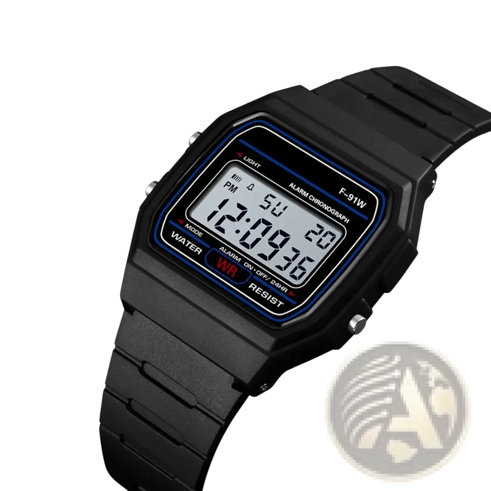 Black digital sport watch with rectangular case silicone strap and blue LED accents waterproof wristwatch for men