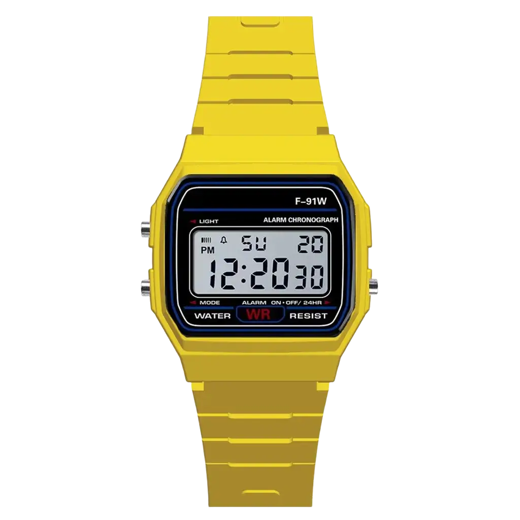 Bright yellow digital sport watch with rectangular face silicone strap led waterproof wristwatch for men