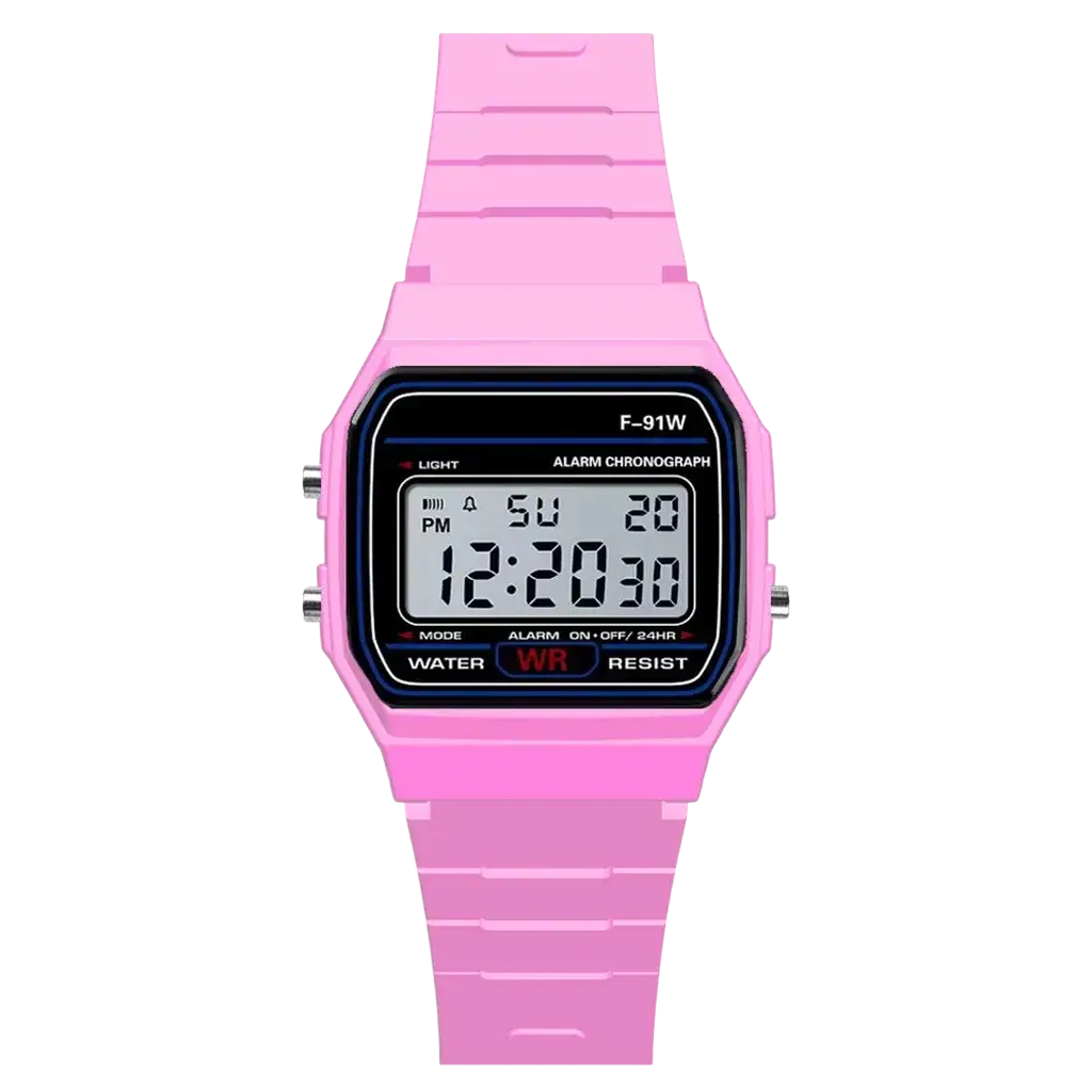 Pink digital sport watch with rectangular led face and matching silicone strap designed for men and waterproof use