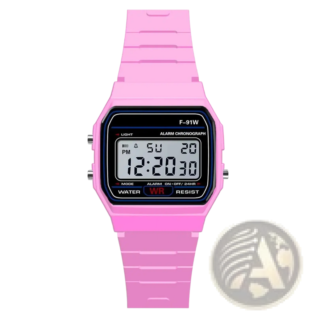 Pink digital sport watch with rectangular face and matching silicone strap waterproof for men