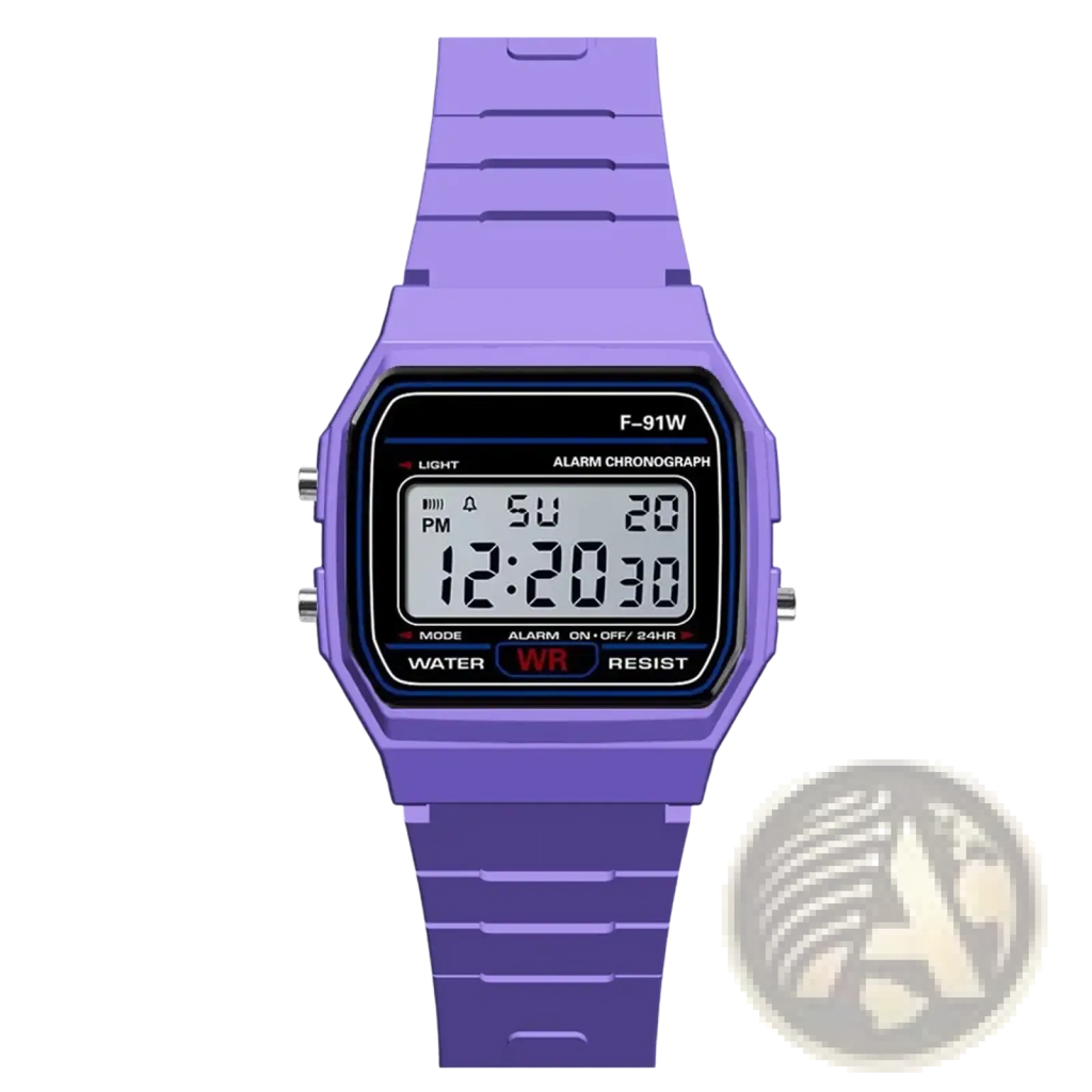 Purple digital sport watch with rectangular silicone case and strap featuring black LED display showing time and day