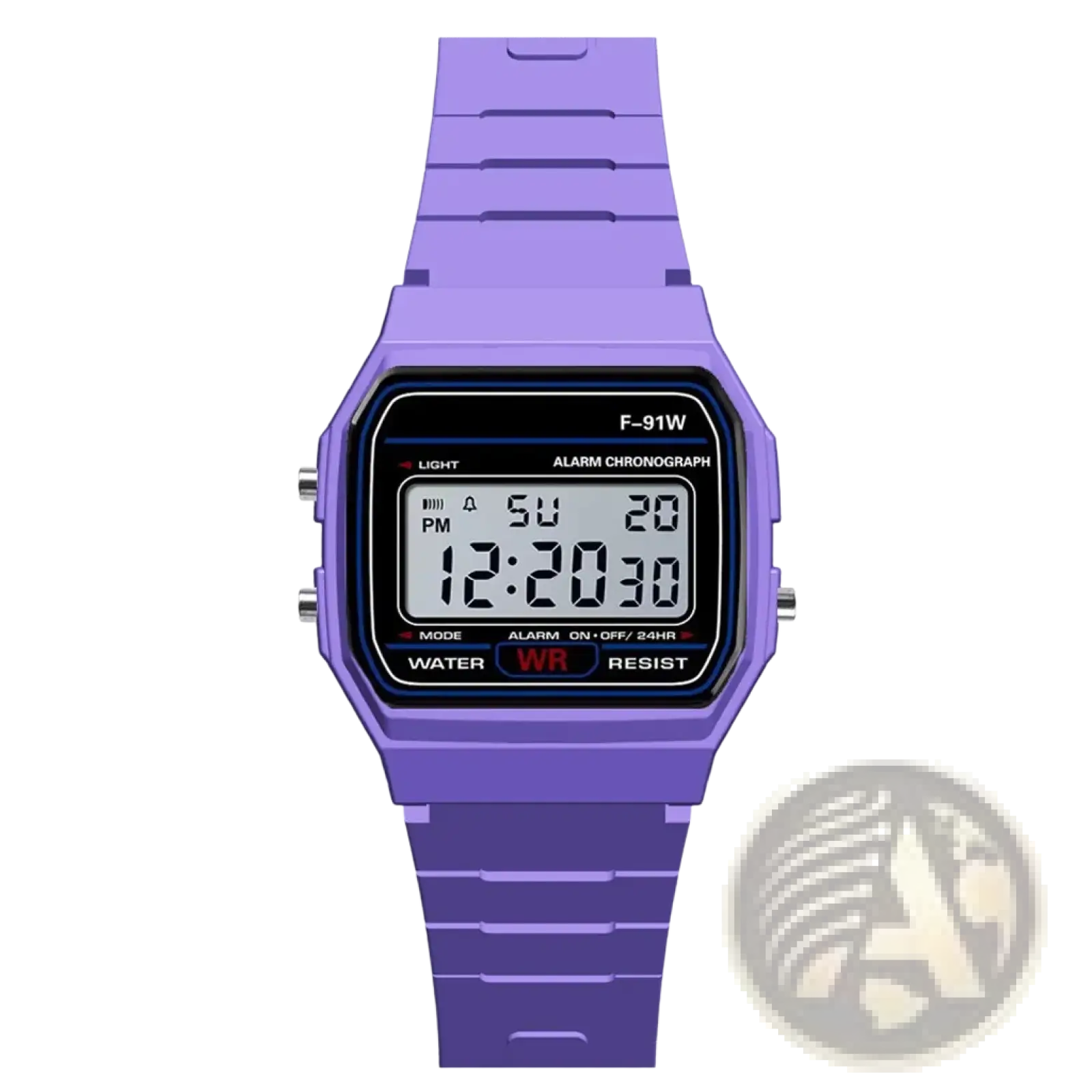 Purple digital sport watch with rectangular silicone case and strap featuring black LED display showing time and day