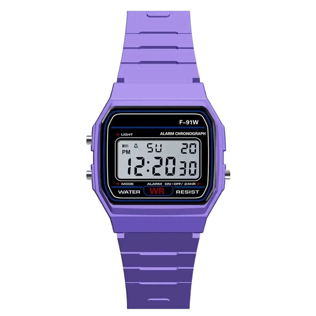 Purple digital sport watch with rectangular silicone strap and black LED display showing time and day