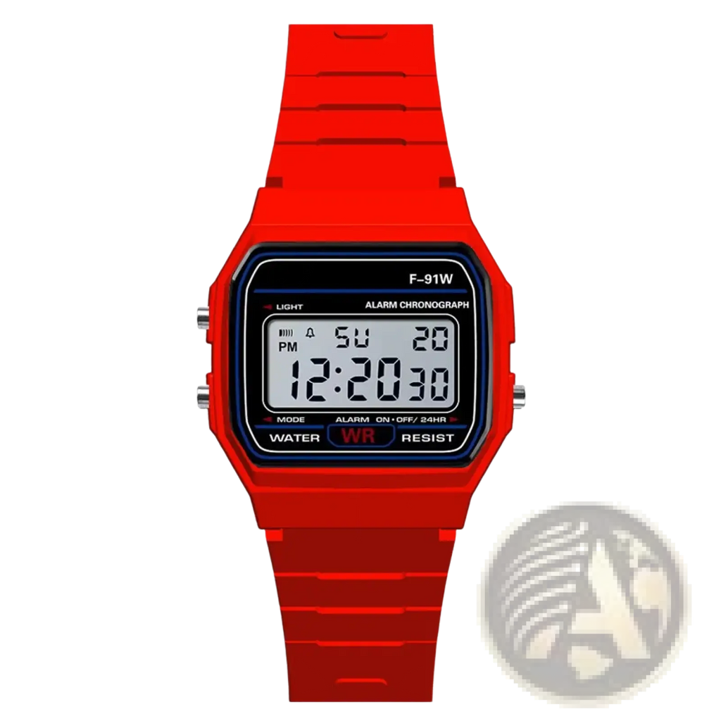 Red digital sport watch with rectangular silicone case and strap featuring black led display showing time and day