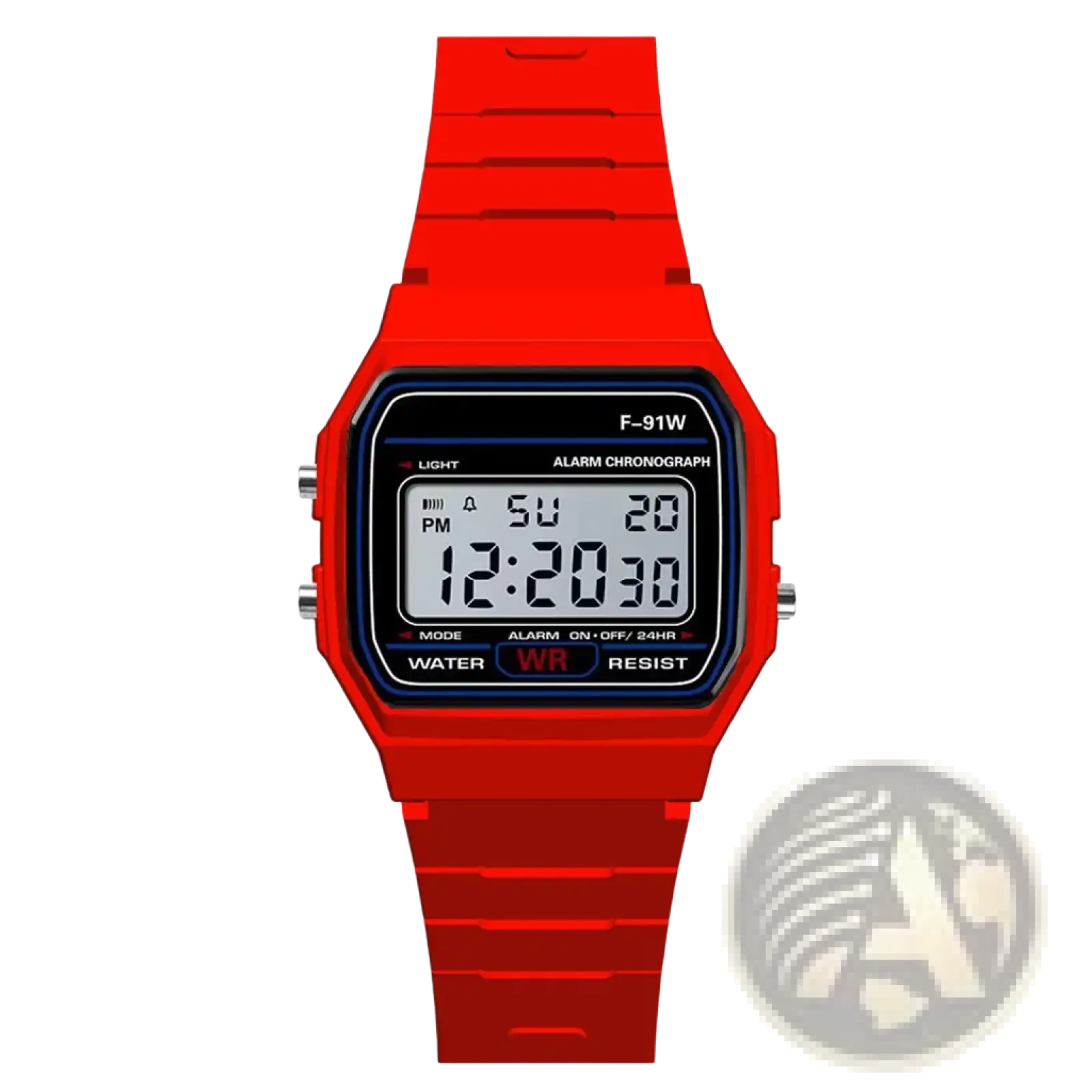 Red digital sport watch with rectangular silicone case and strap featuring black led display showing time and day
