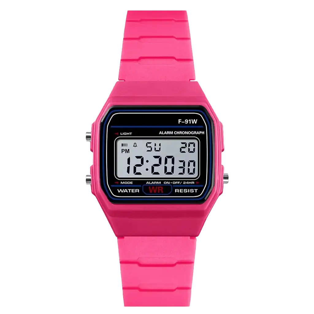 Vibrant pink digital sport watch with rectangular silicone strap and black led display showing time and day