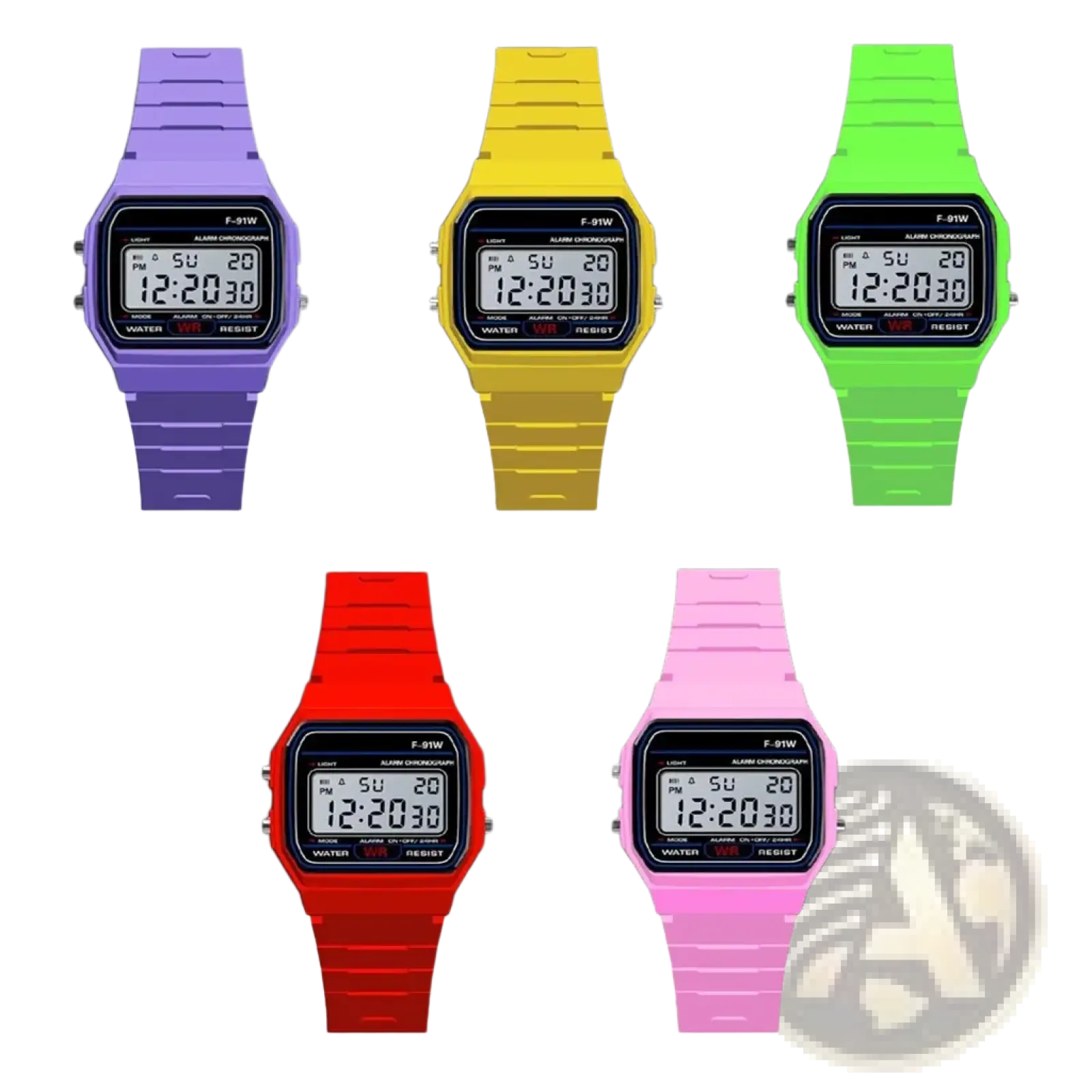 Digital sport watch with vibrant silicone strap in purple yellow green red or pink and rectangular black face with white numerals