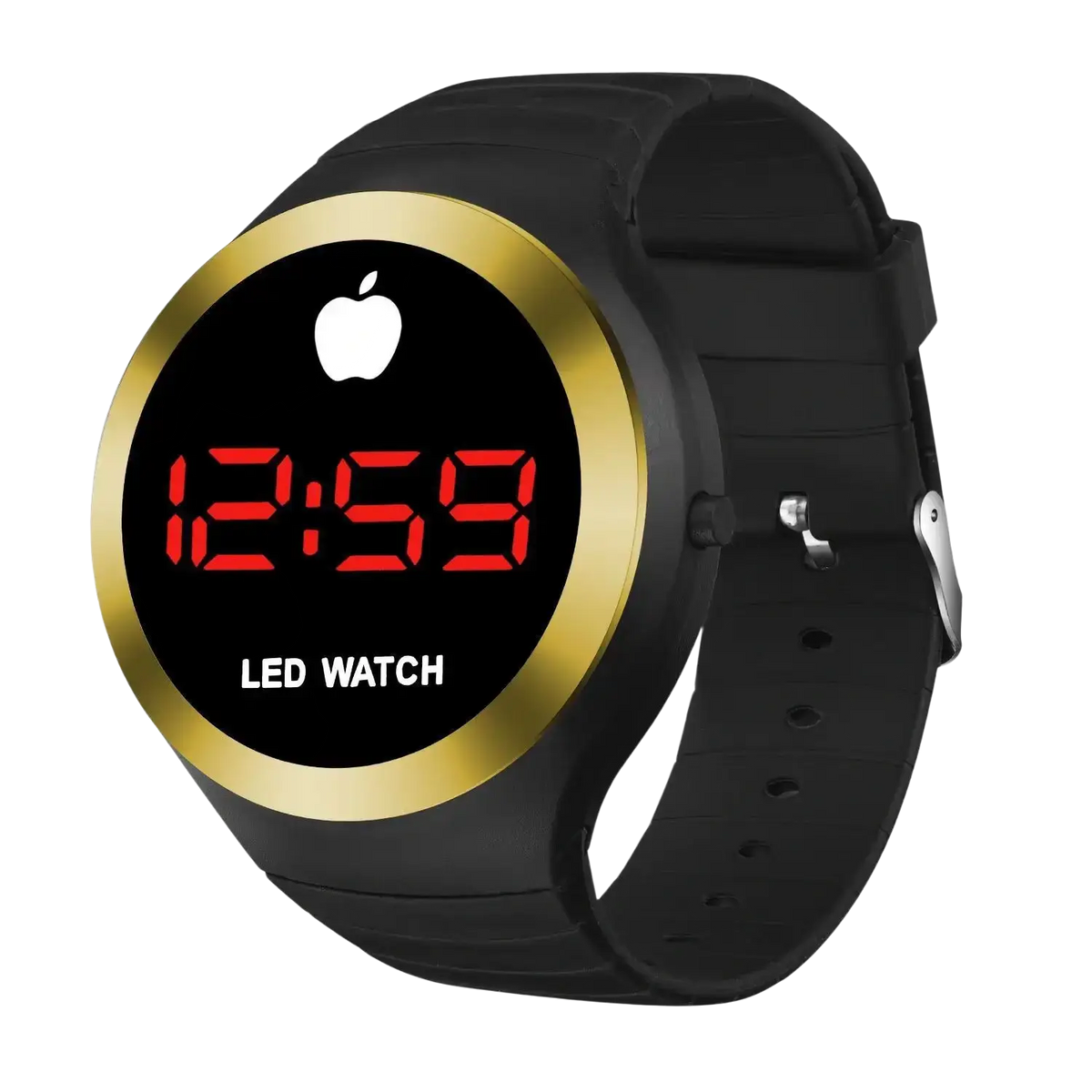 Digital sports watch led wristwatch for men and women with black band gold-tone bezel red numerals and apple logo display