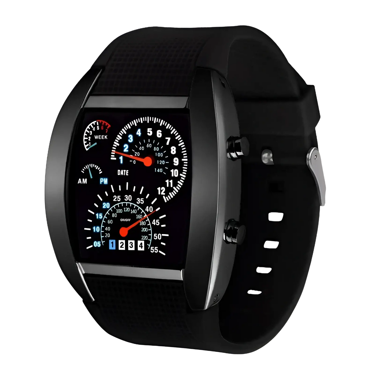 Black digital sports watch led wristwatch for men and women with multiple analog-style dials and a textured silicone strap