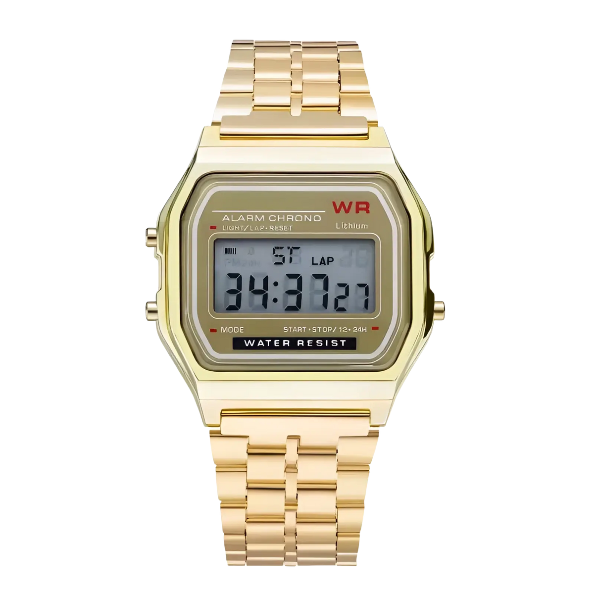Gold-tone digital sports watch with rectangular face and matching metal bracelet for men and women