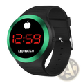 Digital sports watch led wristwatch for men and women with black silicone strap and green-rimmed digital face displaying red led numbers and apple logo