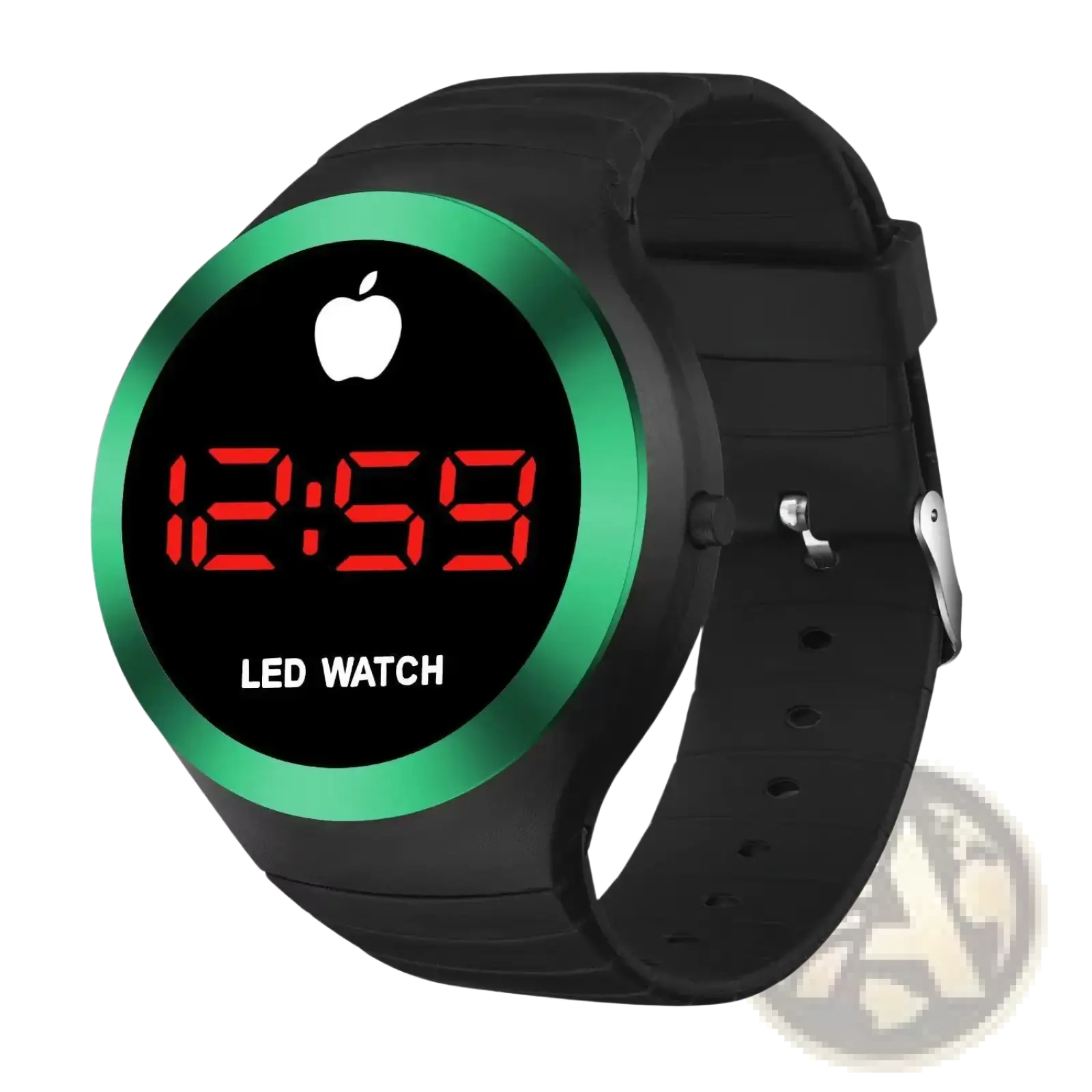 Digital sports watch led wristwatch for men and women with black silicone strap and green-rimmed digital face displaying red led numbers and apple logo
