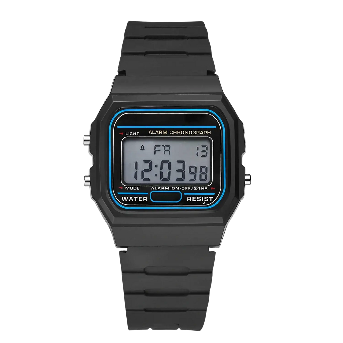 Black digital sports watch with rectangular silicone case and strap featuring a blue-accented led display