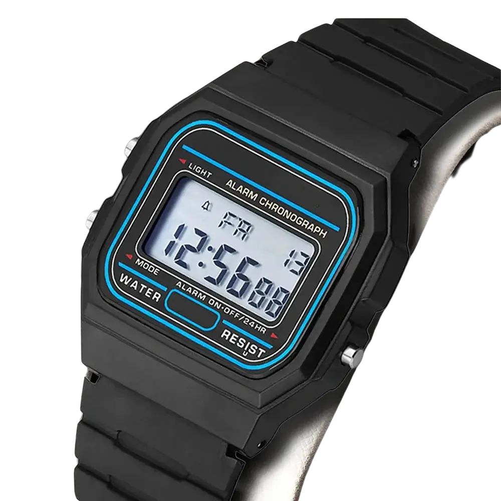Black digital sports watch with blue-accented square face and silicone rubber strap led wristwatch
