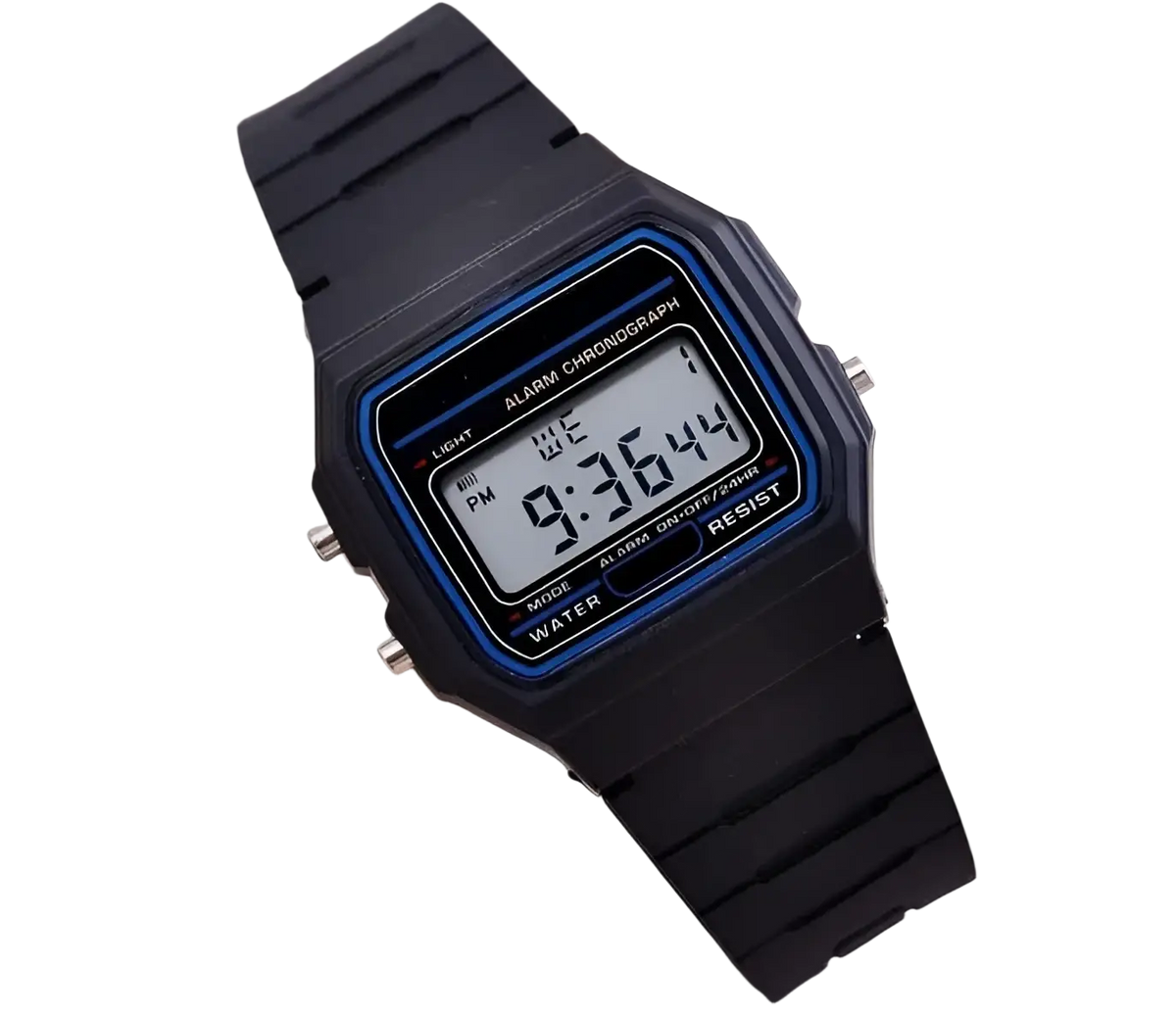 Black digital sports watch with blue-accented rectangular face and textured silicone rubber strap led wristwatch