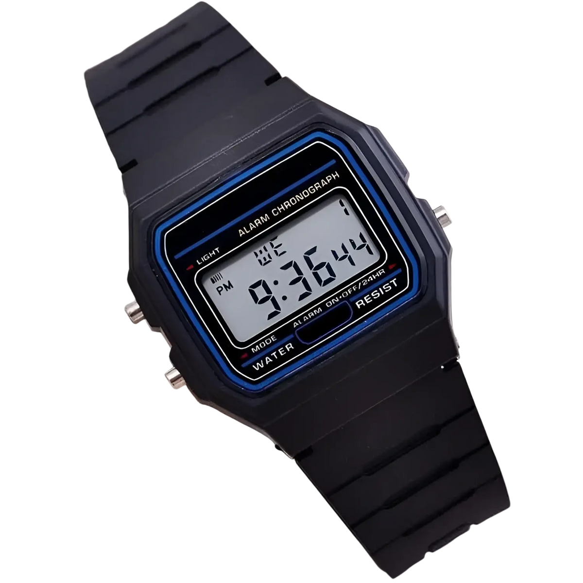 Black digital sports watch with blue-accented rectangular led face and silicone strap featuring classic retro design