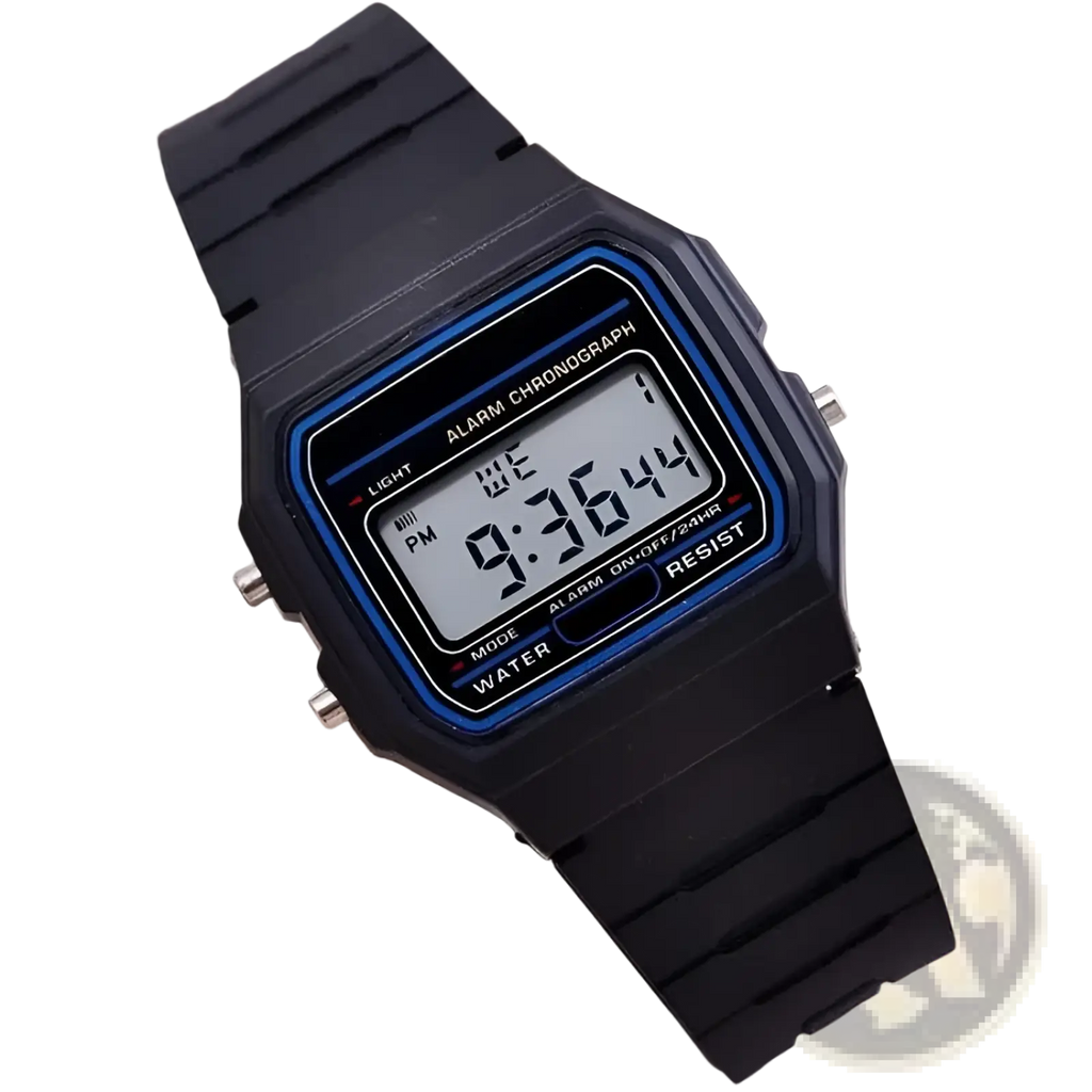 Black digital sports watch with blue-accented rectangular led face and silicone strap featuring classic retro design