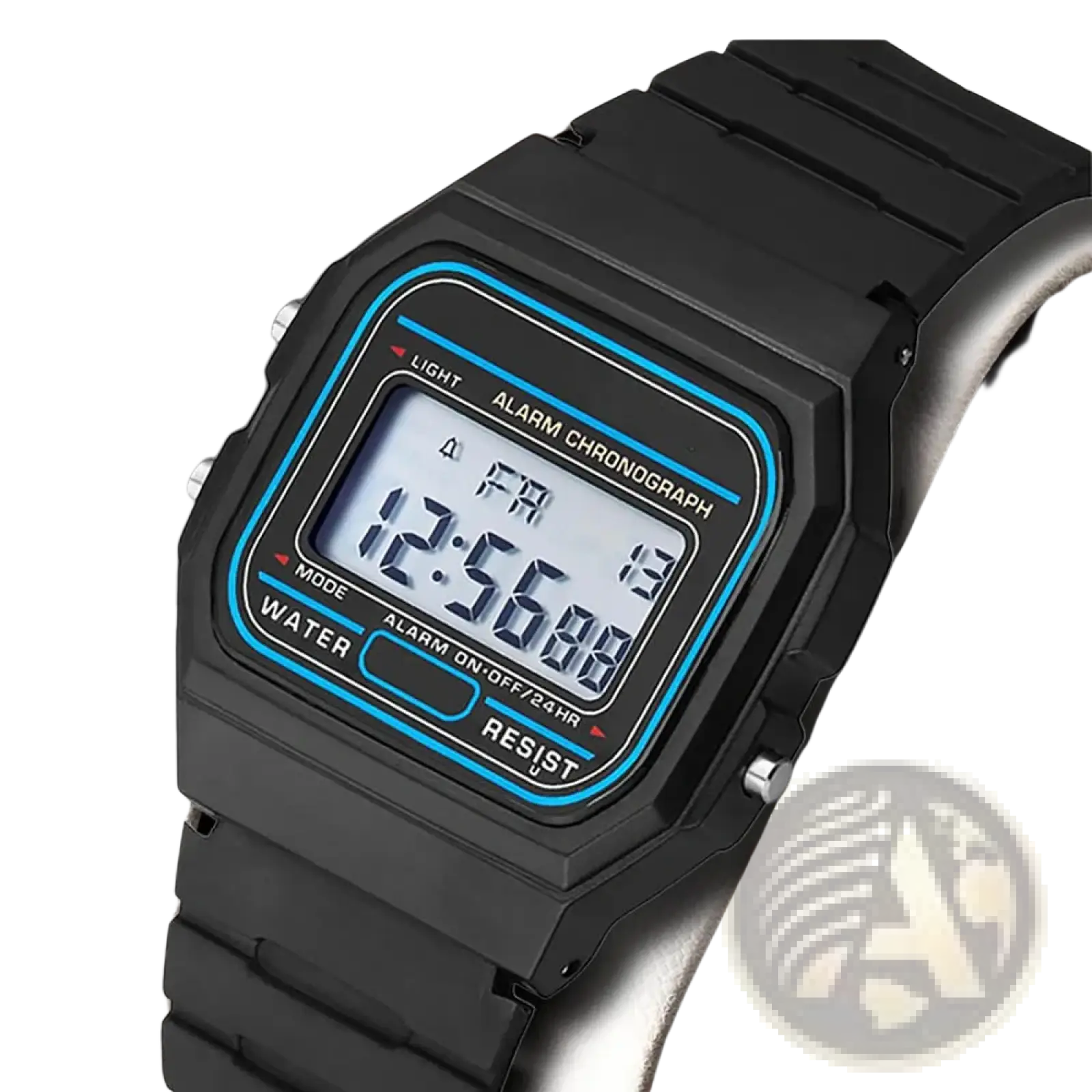 Black digital sports watch with blue-accented square face and silicone rubber strap led wristwatch