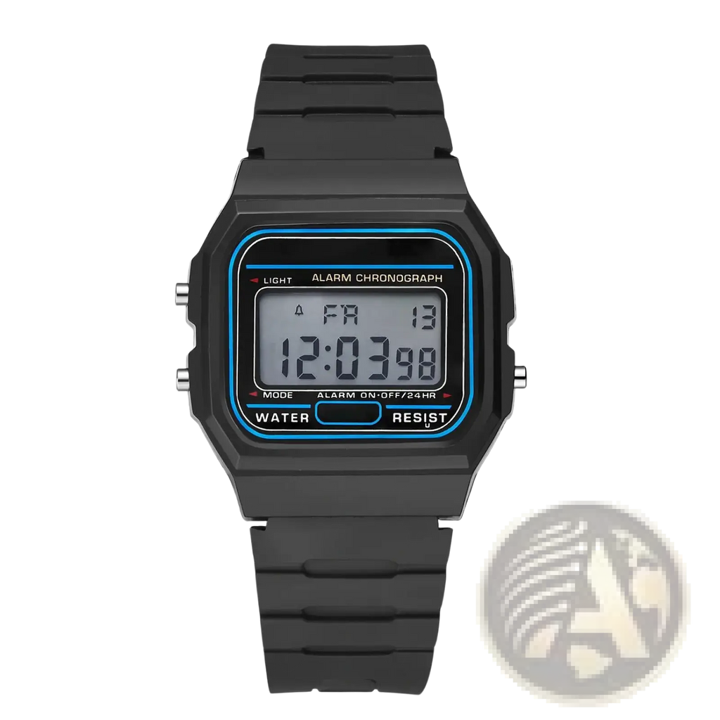 Black digital sports watch with rectangular silicone case and strap featuring a blue-accented led display