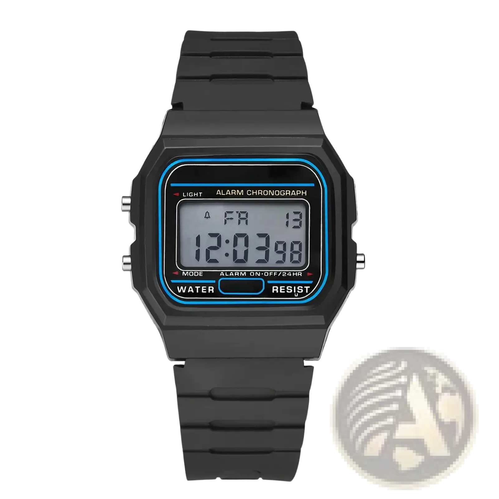 Black digital sports watch with rectangular silicone case and strap featuring a blue-accented led display
