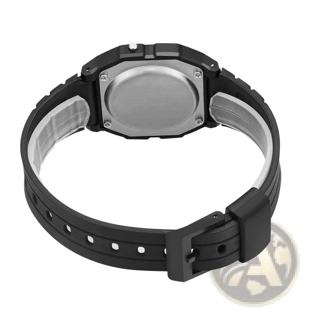 Digital sports watch with a black silicone rubber strap and silver metal case featuring a classic LED display