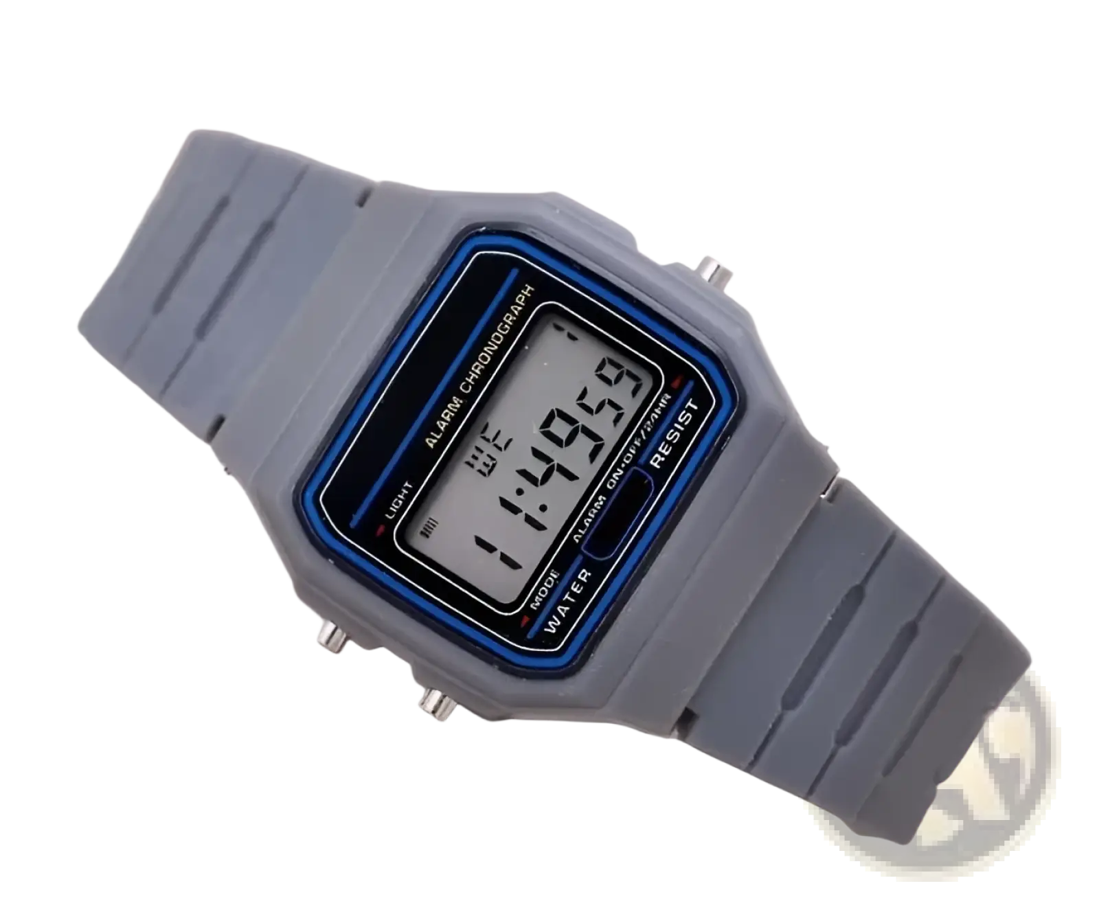 Gray digital sports watch with blue-bordered rectangular led face and gray silicone strap for wrist wear