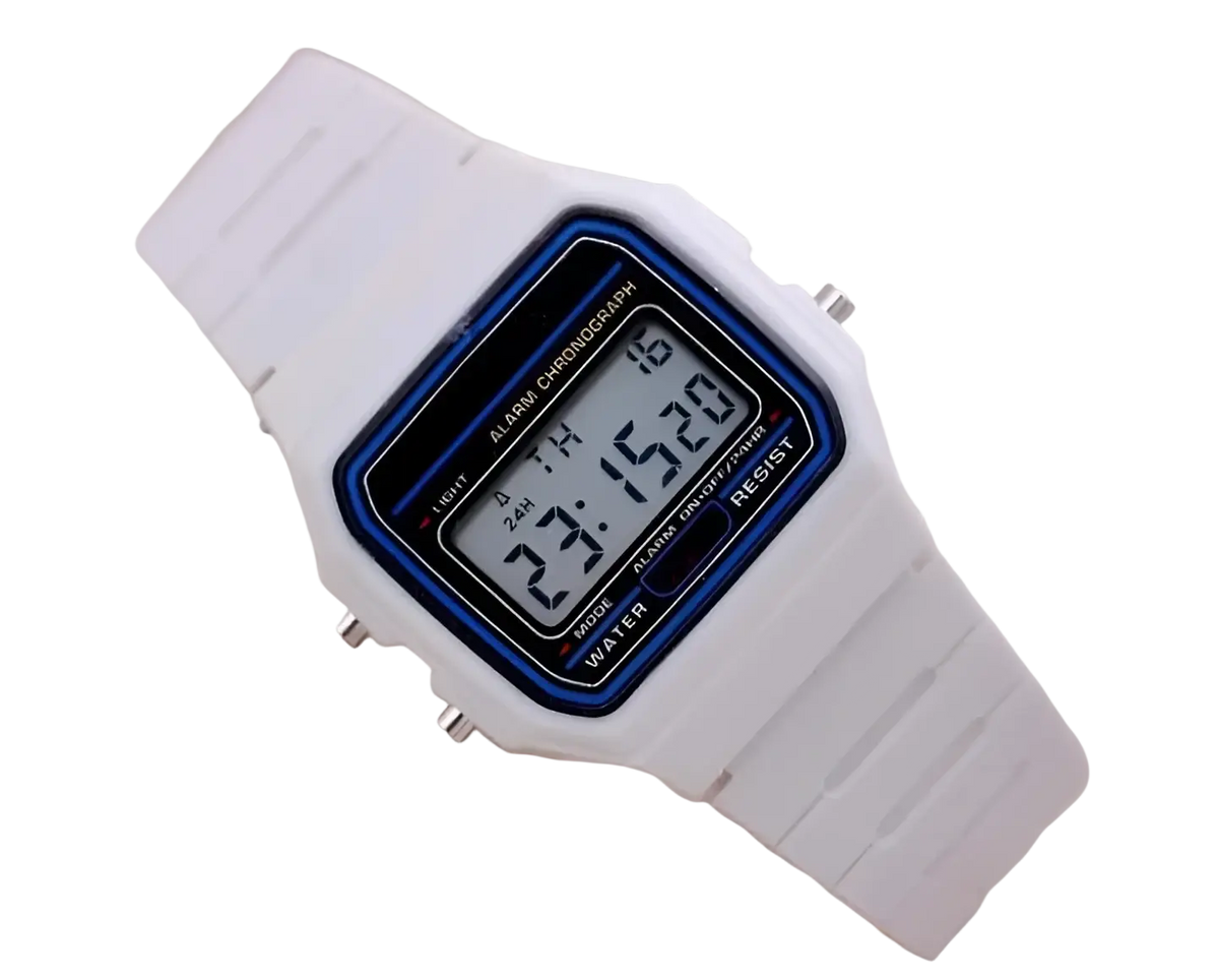 White digital sports watch with blue-accented square led face and matching white silicone strap for wristwear