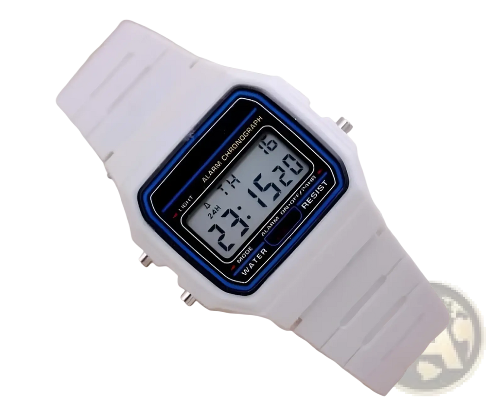 White digital sports watch with blue-accented square led face and matching white silicone strap for wristwear