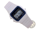 White digital sports watch with blue-accented square led face and matching white silicone strap for wristwear
