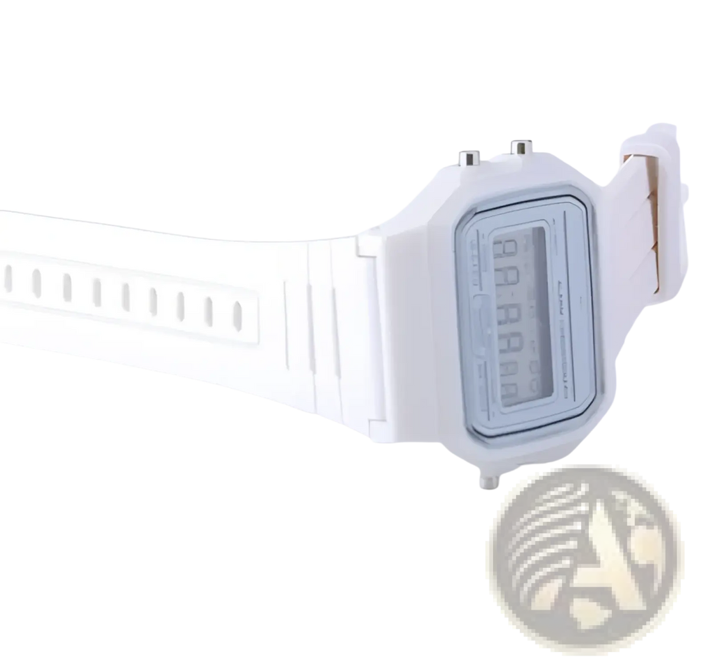 White digital sports watch with rectangular case and silicone led strap for active wristwear use