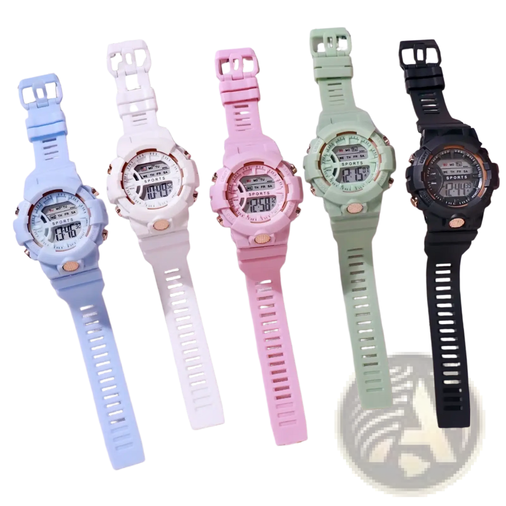 Five colorful silicone digital sports watches for women and men with rose gold accents and clear displays