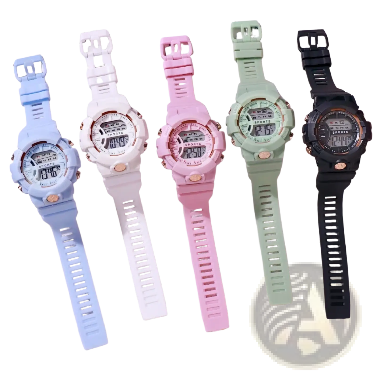 Five colorful silicone digital sports watches for women and men with rose gold accents and clear displays