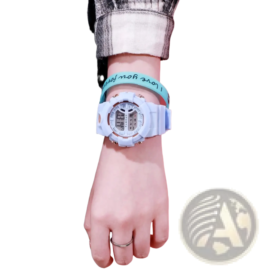 Digital sports watch for women and men with light blue digital face rose gold accents and matching wristband
