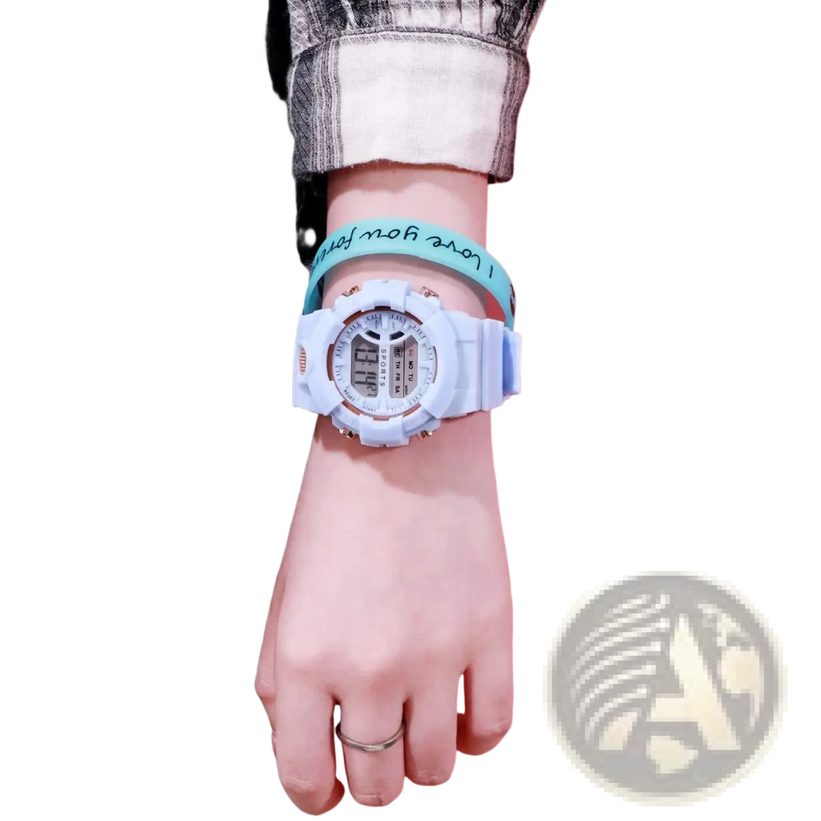 Digital sports watch for women and men with light blue digital face rose gold accents and matching wristband