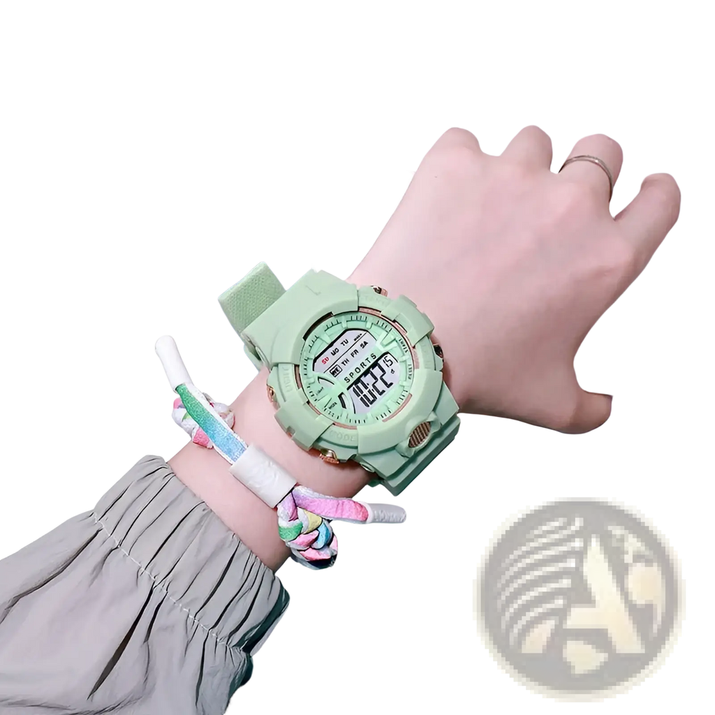 Mint green digital sports watch for women and men with matching silicone strap and gold-tone accents